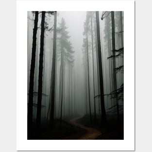 Spooky Forest with tall evergreen trees Posters and Art